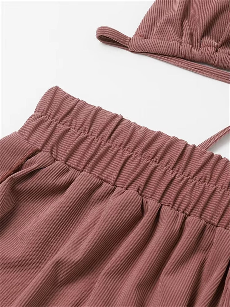 Sexy Front Tie 3 Piece Bikini Set 2026 Women Brown Push up Padded High Waist Swimsuit Female Beach Bathing Suit Swimwear Biquini