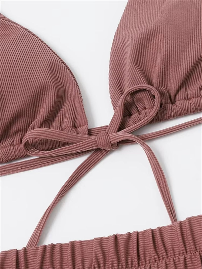 Sexy Front Tie 3 Piece Bikini Set 2026 Women Brown Push up Padded High Waist Swimsuit Female Beach Bathing Suit Swimwear Biquini